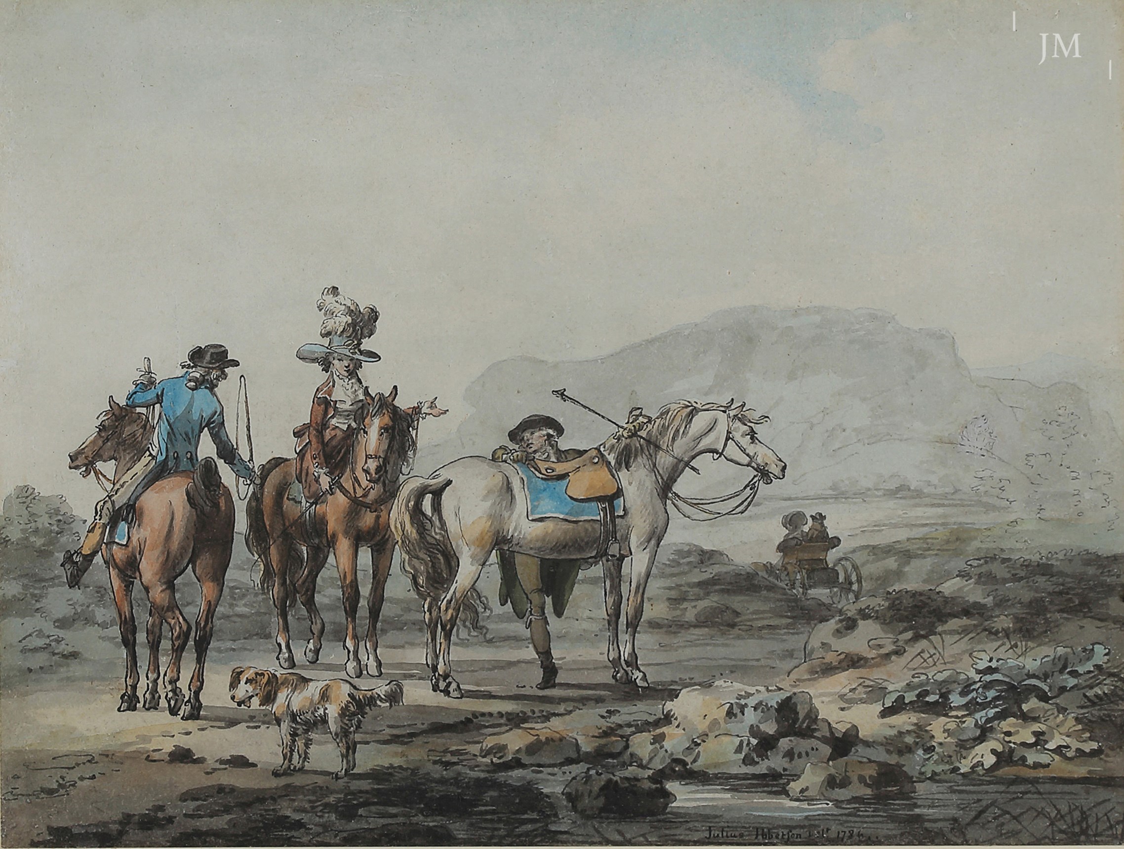 A riding party with travellers in a carriage beyond